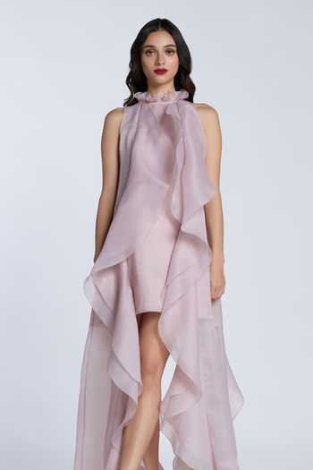 Buy_Gauri & Nainika_Pink Organza Halter Neck Oyster Ruffled High Low Shift Dress _Online_at_Aza_Fashions