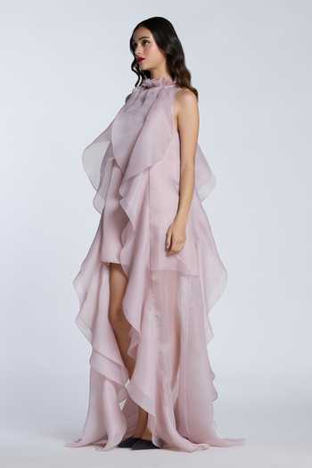Shop_Gauri & Nainika_Pink Organza Halter Neck Oyster Ruffled High Low Shift Dress _Online_at_Aza_Fashions