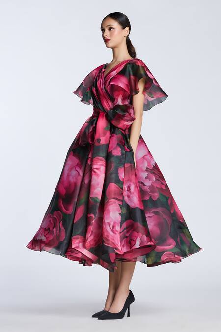 Buy Gauri & Nainika Pink Organza V-neck Blossom Print Midi Dress Online at Aza Fashions Buy_Gauri & Nainika_Pink Organza V-neck Blossom Print Midi Dress _Online_at_Aza_Fashions
