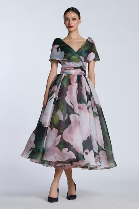 Gauri & Nainika Pink Organza Shawl Neck Floral Print Midi Dress With Collar 