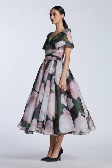 Buy_Gauri & Nainika_Pink Organza Shawl Neck Floral Print Midi Dress With Collar _Online_at_Aza_Fashions