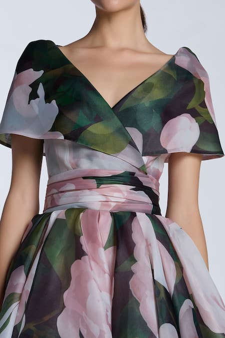 Shop_Gauri & Nainika_Pink Organza Shawl Neck Floral Print Midi Dress With Collar _Online_at_Aza_Fashions