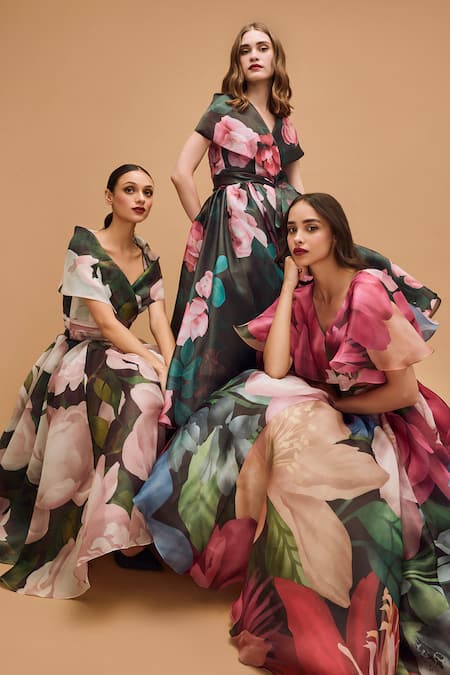 Gauri & Nainika_Pink Organza Shawl Neck Floral Print Midi Dress With Collar _at_Aza_Fashions