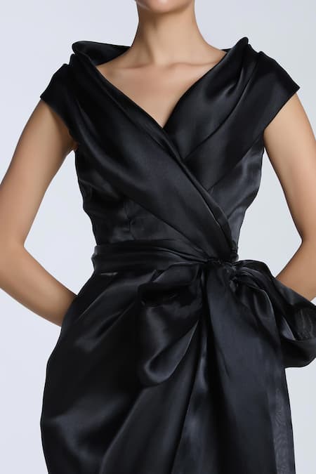 Gauri & Nainika Black Organza V-neck Cap Sleeve Wrap Midi Dress Online at Aza Fashions Gauri & Nainika_Black Organza V-neck Cap Sleeve Wrap Midi Dress _Online_at_Aza_Fashions