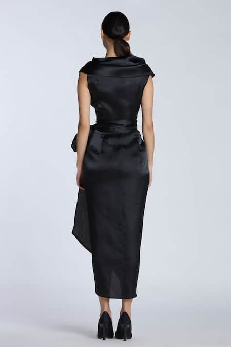 Shop Gauri & Nainika Black Organza V-neck Cap Sleeve Wrap Midi Dress at Aza Fashions Shop_Gauri & Nainika_Black Organza V-neck Cap Sleeve Wrap Midi Dress _at_Aza_Fashions