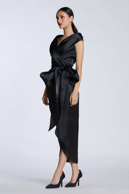 Shop Gauri & Nainika Black Organza V-neck Cap Sleeve Wrap Midi Dress Online at Aza Fashions Shop_Gauri & Nainika_Black Organza V-neck Cap Sleeve Wrap Midi Dress _Online_at_Aza_Fashions