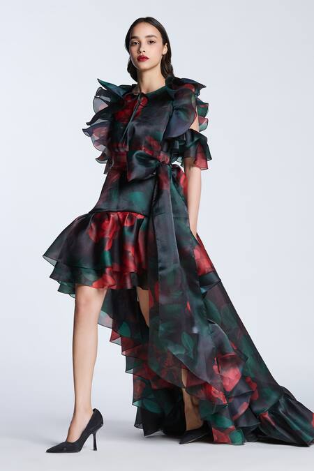 Gauri & Nainika_Black Organza Ruffles Round Neck Flora Print High Low Dress _Online_at_Aza_Fashions