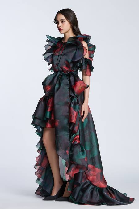 Shop_Gauri & Nainika_Black Organza Ruffles Round Neck Flora Print High Low Dress _Online_at_Aza_Fashions