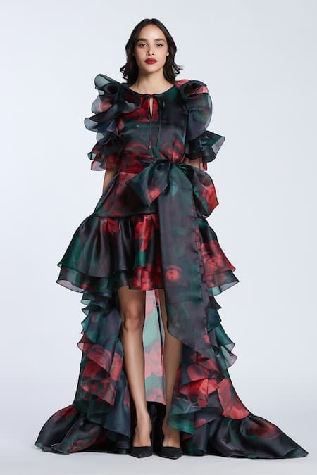 Gauri & Nainika Black Organza Ruffles Round Neck Flora Print High Low Dress
