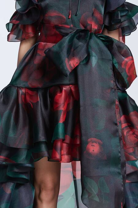 Gauri & Nainika_Black Organza Ruffles Round Neck Flora Print High Low Dress _at_Aza_Fashions