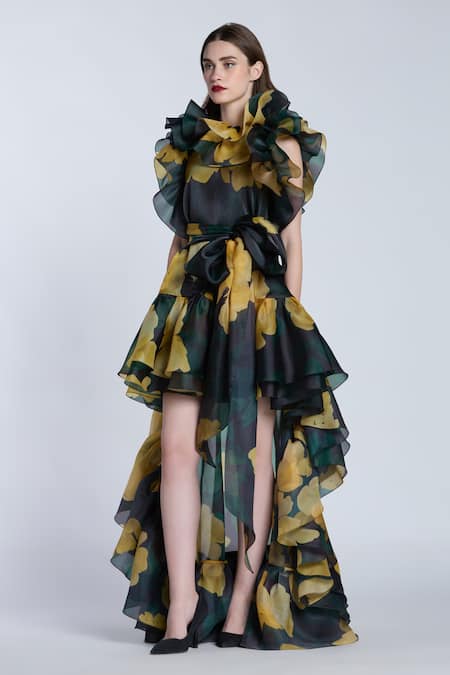 Buy_Gauri & Nainika_Black Organza Ruffles Collared Blossomy Print High Low Dress _Online_at_Aza_Fashions