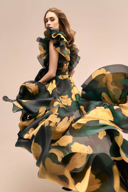 Shop_Gauri & Nainika_Black Organza Ruffles Collared Blossomy Print High Low Dress _Online_at_Aza_Fashions