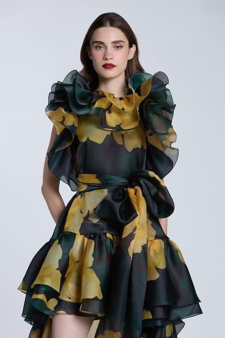 Gauri & Nainika_Black Organza Ruffles Collared Blossomy Print High Low Dress _at_Aza_Fashions