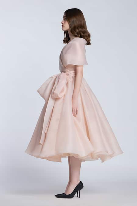 Gauri & Nainika Beige Organza Shawl Neck Solid Midi Dress With Collar Online at Aza Fashions Gauri & Nainika_Beige Organza Shawl Neck Solid Midi Dress With Collar _Online_at_Aza_Fashions