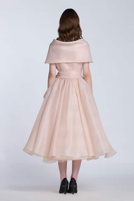 Shop Gauri & Nainika Beige Organza Shawl Neck Solid Midi Dress With Collar at Aza Fashions Shop_Gauri & Nainika_Beige Organza Shawl Neck Solid Midi Dress With Collar _at_Aza_Fashions