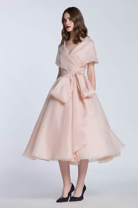 Buy Gauri & Nainika Beige Organza Shawl Neck Solid Midi Dress With Collar Online at Aza Fashions Buy_Gauri & Nainika_Beige Organza Shawl Neck Solid Midi Dress With Collar _Online_at_Aza_Fashions
