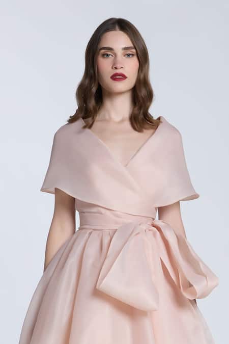 Shop Gauri & Nainika Beige Organza Shawl Neck Solid Midi Dress With Collar Online at Aza Fashions Shop_Gauri & Nainika_Beige Organza Shawl Neck Solid Midi Dress With Collar _Online_at_Aza_Fashions