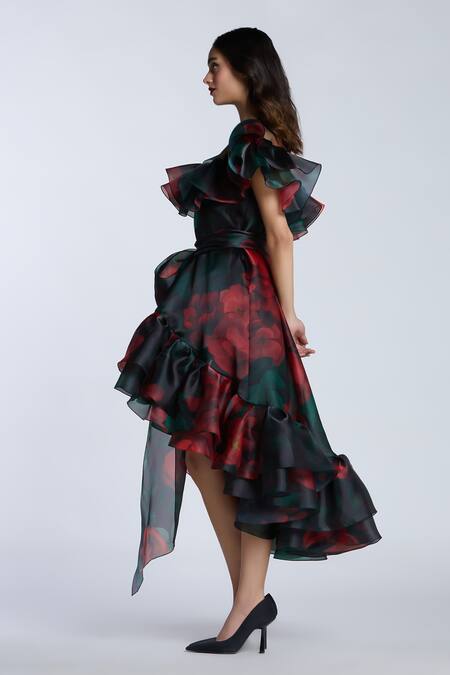 Gauri & Nainika_Black Organza Ruffles Round Neck High Low Rose Print Dress _Online_at_Aza_Fashions
