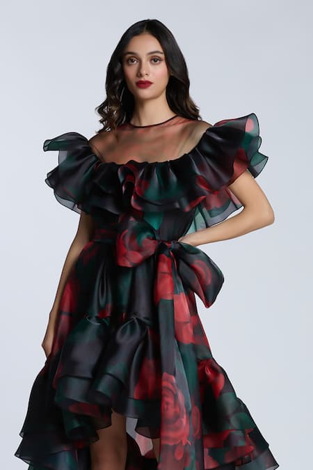 Gauri & Nainika_Black Organza Ruffles Round Neck High Low Rose Print Dress _at_Aza_Fashions