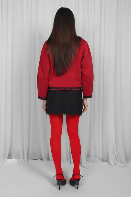 Shop Leh Studios Black Viscose Lace, Patchwork Mini Skirt at Aza Fashions Shop_Leh Studios_Black Viscose Lace, Patchwork Mini Skirt _at_Aza_Fashions