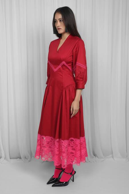 Leh Studios Red Cotton, Viscose Lace, Patchwork V-neck Panel Midi Dress Online at Aza Fashions Leh Studios_Red Cotton, Viscose Lace, Patchwork V-neck Panel Midi Dress _Online_at_Aza_Fashions