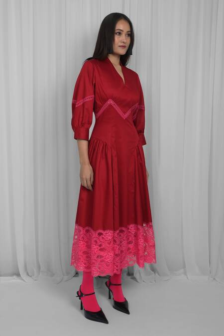 Buy Leh Studios Red Cotton, Viscose Lace, Patchwork V-neck Panel Midi Dress Online at Aza Fashions Buy_Leh Studios_Red Cotton, Viscose Lace, Patchwork V-neck Panel Midi Dress _Online_at_Aza_Fashions