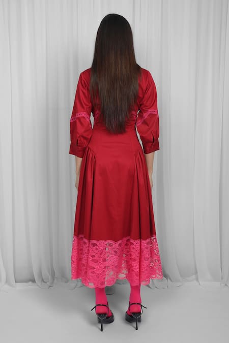 Shop Leh Studios Red Cotton, Viscose Lace, Patchwork V-neck Panel Midi Dress at Aza Fashions Shop_Leh Studios_Red Cotton, Viscose Lace, Patchwork V-neck Panel Midi Dress _at_Aza_Fashions
