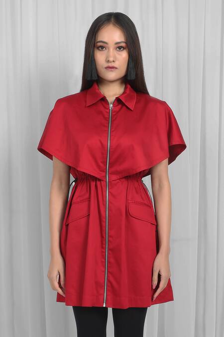 Leh Studios_Red Cotton Collared Solid Cape Dress _Online_at_Aza_Fashions