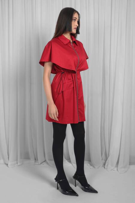 Buy_Leh Studios_Red Cotton Collared Solid Cape Dress _Online_at_Aza_Fashions