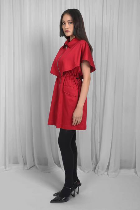 Shop_Leh Studios_Red Cotton Collared Solid Cape Dress _Online_at_Aza_Fashions