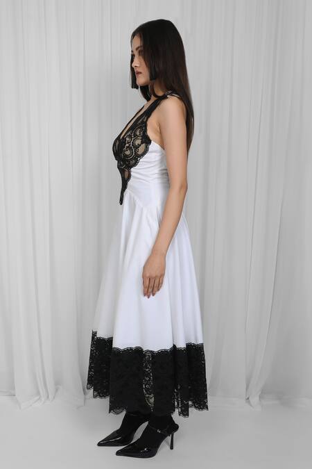 Buy Leh Studios White Cotton, Viscose Lace V-neck Panel Midi Dress Online at Aza Fashions Buy_Leh Studios_White Cotton, Viscose Lace V-neck Panel Midi Dress _Online_at_Aza_Fashions