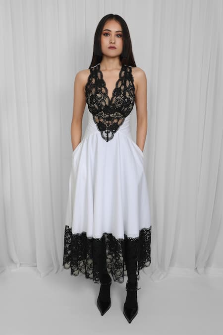 Leh Studios White 100% Cotton And Viscose Lace V-neck Panel Midi Dress 