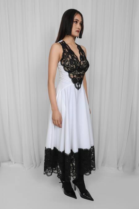Shop Leh Studios White Cotton, Viscose Lace V-neck Panel Midi Dress Online at Aza Fashions Shop_Leh Studios_White Cotton, Viscose Lace V-neck Panel Midi Dress _Online_at_Aza_Fashions