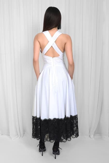 Leh Studios White Cotton, Viscose Lace V-neck Panel Midi Dress Online at Aza Fashions Leh Studios_White Cotton, Viscose Lace V-neck Panel Midi Dress _Online_at_Aza_Fashions