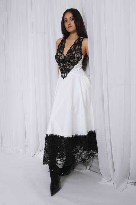 Leh Studios White Cotton, Viscose Lace V-neck Panel Midi Dress at Aza Fashions Leh Studios_White Cotton, Viscose Lace V-neck Panel Midi Dress _at_Aza_Fashions