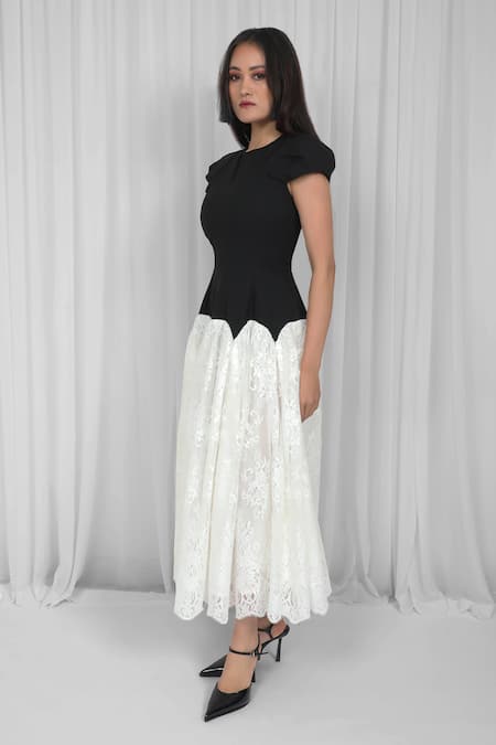 Shop Leh Studios Black Viscose Lace Round Neck Contoured Scallop Maxi Dress Online at Aza Fashions Shop_Leh Studios_Black Viscose Lace Round Neck Contoured Scallop Maxi Dress _Online_at_Aza_Fashions