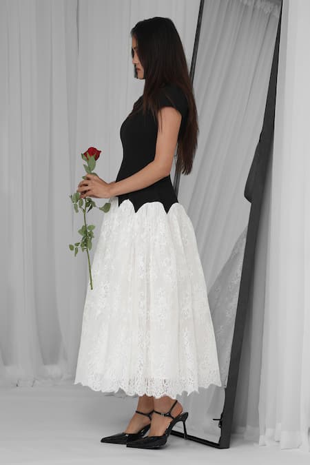 Buy Leh Studios Black Viscose Lace Round Neck Contoured Scallop Maxi Dress Buy_Leh Studios_Black Viscose Lace Round Neck Contoured Scallop Maxi Dress