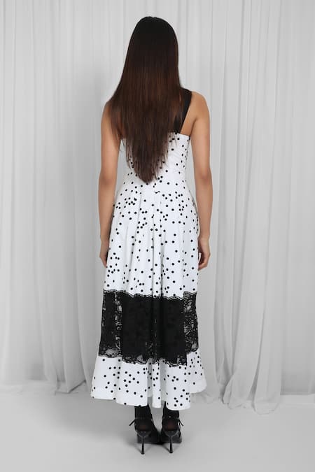 Leh Studios_Black Cotton, Viscose Lace Sweetheart Neck Polka Dot Panelled Maxi Dress _Online_at_Aza_Fashions