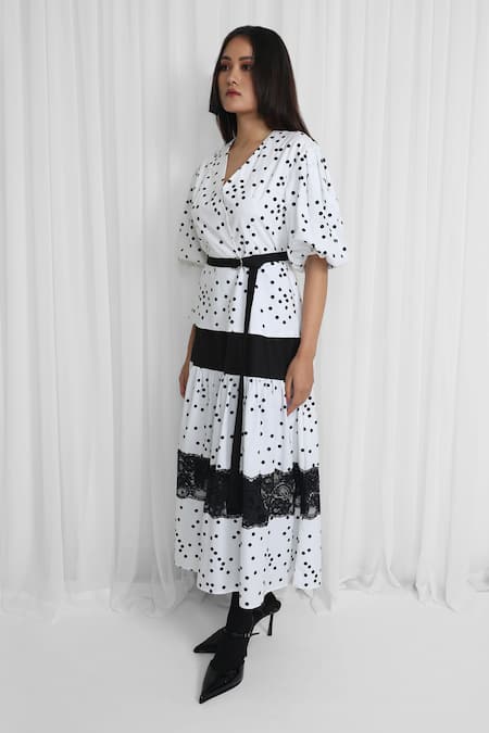 Leh Studios Black Cotton, Viscose Lace V-neck Polka Dot Layered Midi Dress With Belt Online at Aza Fashions Leh Studios_Black Cotton, Viscose Lace V-neck Polka Dot Layered Midi Dress With Belt _Online_at_Aza_Fashions