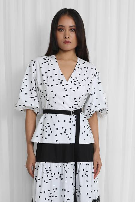 Buy Leh Studios Black Cotton, Viscose Lace V-neck Polka Dot Layered Midi Dress With Belt Online at Aza Fashions Buy_Leh Studios_Black Cotton, Viscose Lace V-neck Polka Dot Layered Midi Dress With Belt _Online_at_Aza_Fashions