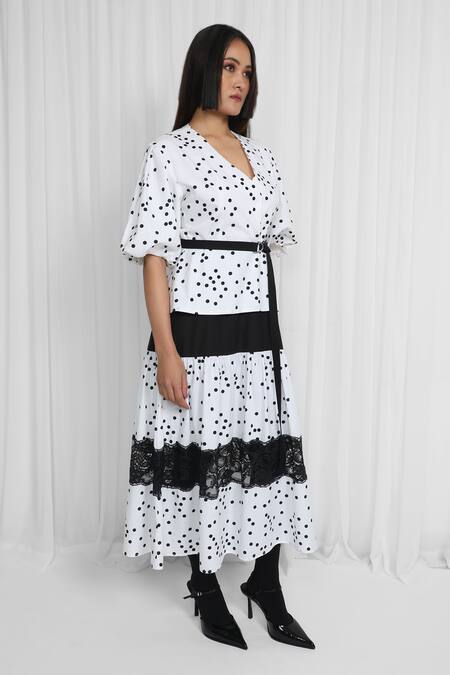 Shop Leh Studios Black Cotton, Viscose Lace V-neck Polka Dot Layered Midi Dress With Belt Online at Aza Fashions Shop_Leh Studios_Black Cotton, Viscose Lace V-neck Polka Dot Layered Midi Dress With Belt _Online_at_Aza_Fashions