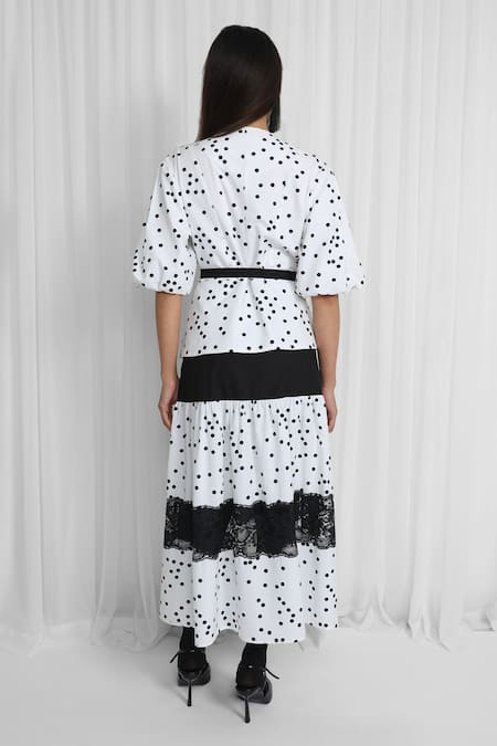 Shop Leh Studios Black Cotton, Viscose Lace V-neck Polka Dot Layered Midi Dress With Belt at Aza Fashions Shop_Leh Studios_Black Cotton, Viscose Lace V-neck Polka Dot Layered Midi Dress With Belt _at_Aza_Fashions