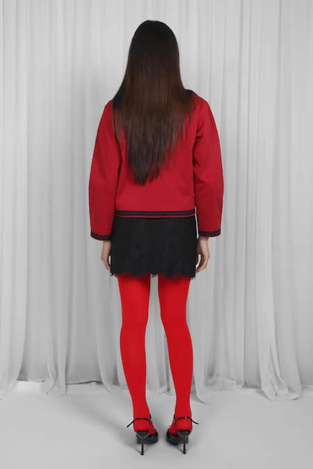 Shop Leh Studios Red Cotton Lace Collared Edge Jacket at Aza Fashions Shop_Leh Studios_Red Cotton Lace Collared Edge Jacket _at_Aza_Fashions