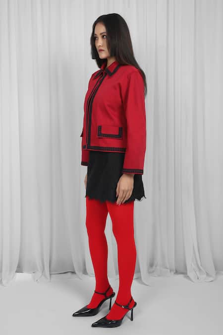 Buy Leh Studios Red Cotton Lace Collared Edge Jacket Online at Aza Fashions Buy_Leh Studios_Red Cotton Lace Collared Edge Jacket _Online_at_Aza_Fashions