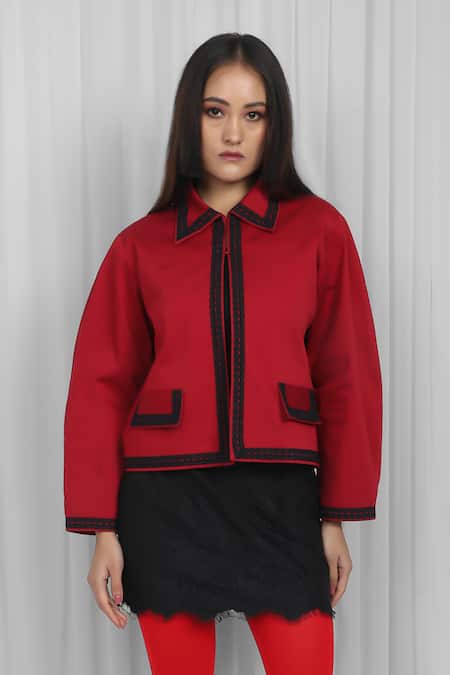Shop Leh Studios Red Cotton Lace Collared Edge Jacket Online at Aza Fashions Shop_Leh Studios_Red Cotton Lace Collared Edge Jacket _Online_at_Aza_Fashions
