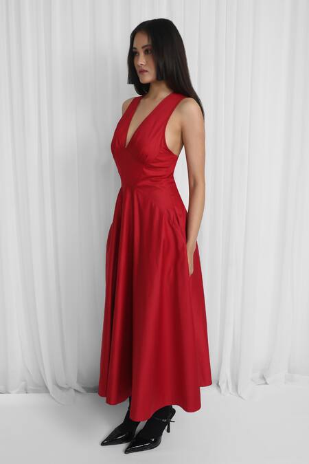 Leh Studios Red Cotton Plunge Neck Solid Maxi Dress Online at Aza Fashions Leh Studios_Red Cotton Plunge Neck Solid Maxi Dress _Online_at_Aza_Fashions