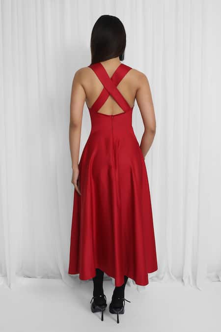 Leh Studios Red Solid V-Neck Maxi Dress 