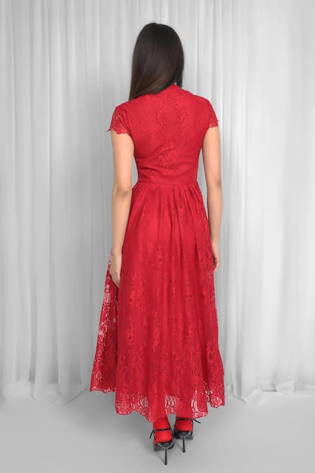 Shop_Leh Studios_Red Viscose Lace Scoop Neck Pleated Midi Dress _at_Aza_Fashions