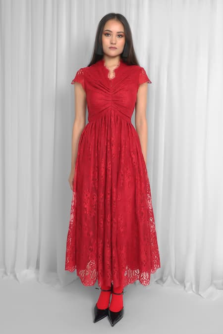 Leh Studios_Red Viscose Lace Scoop Neck Pleated Midi Dress _Online_at_Aza_Fashions