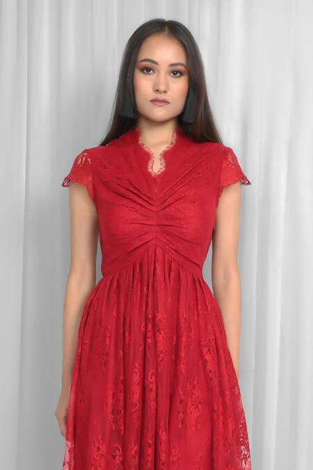 Buy_Leh Studios_Red Viscose Lace Scoop Neck Pleated Midi Dress _Online_at_Aza_Fashions